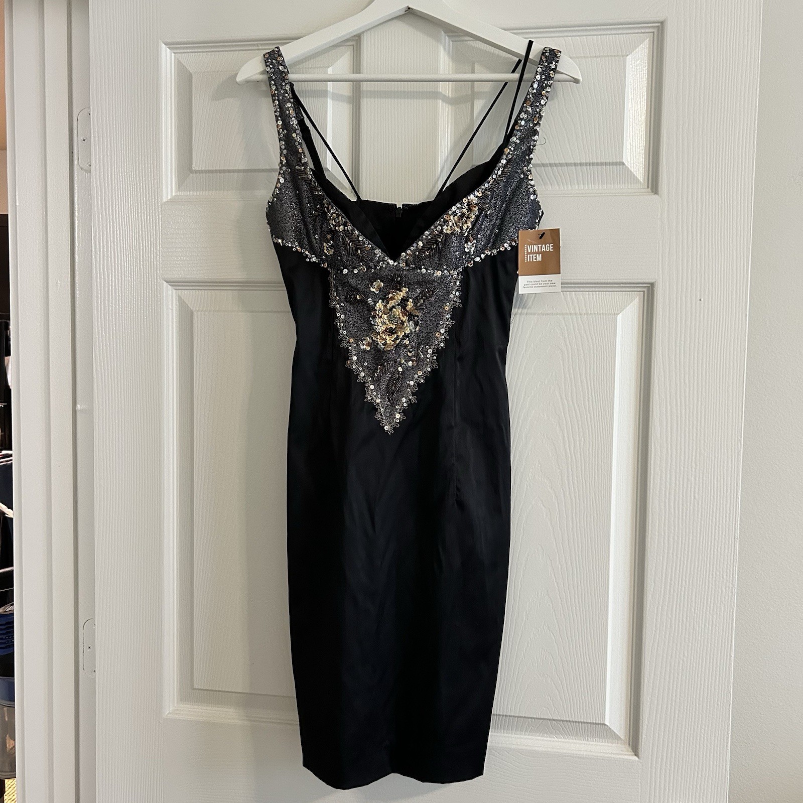 Julian Johnson Mandalay Beaded Sequin Black Satin Silk Dress