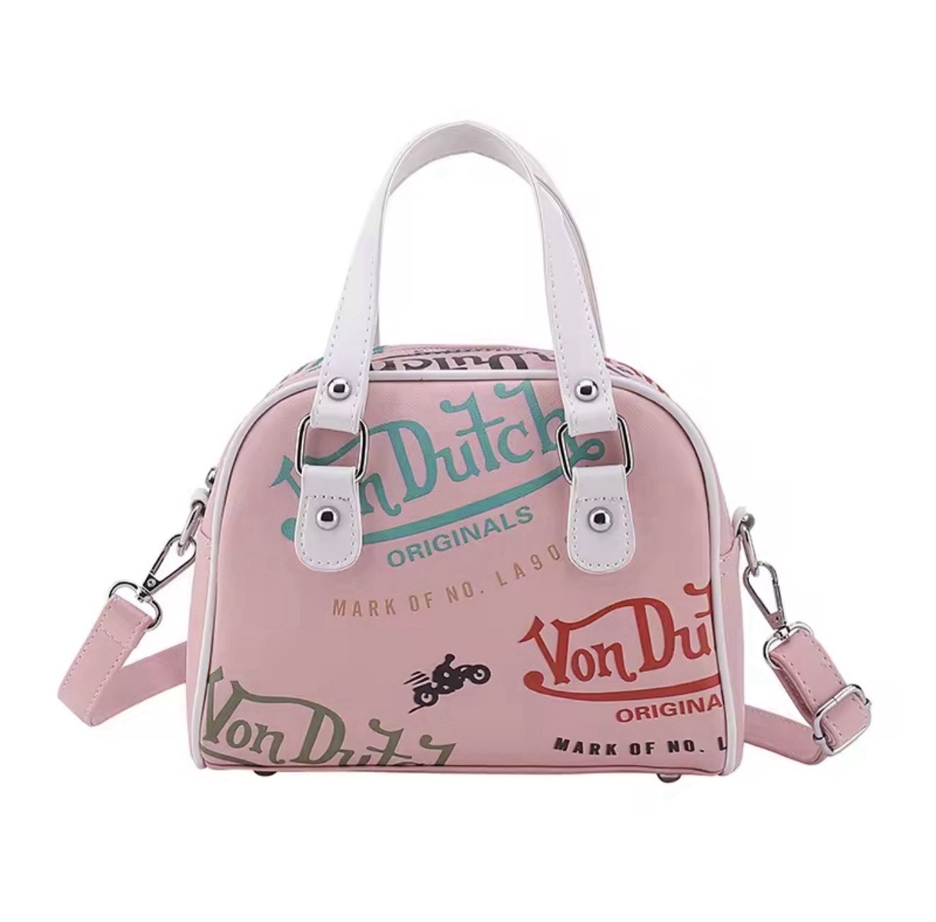 Von Dutch Pink/White Logo Small Satchel Top Handle Zip Adjustable Detach Strap