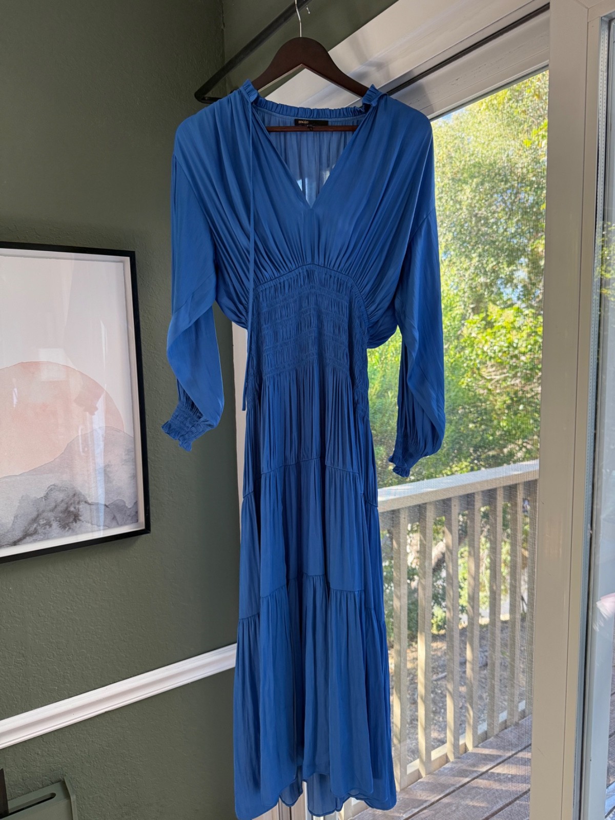 MAJE Blue Satin Rushed Midi Dress Size Small