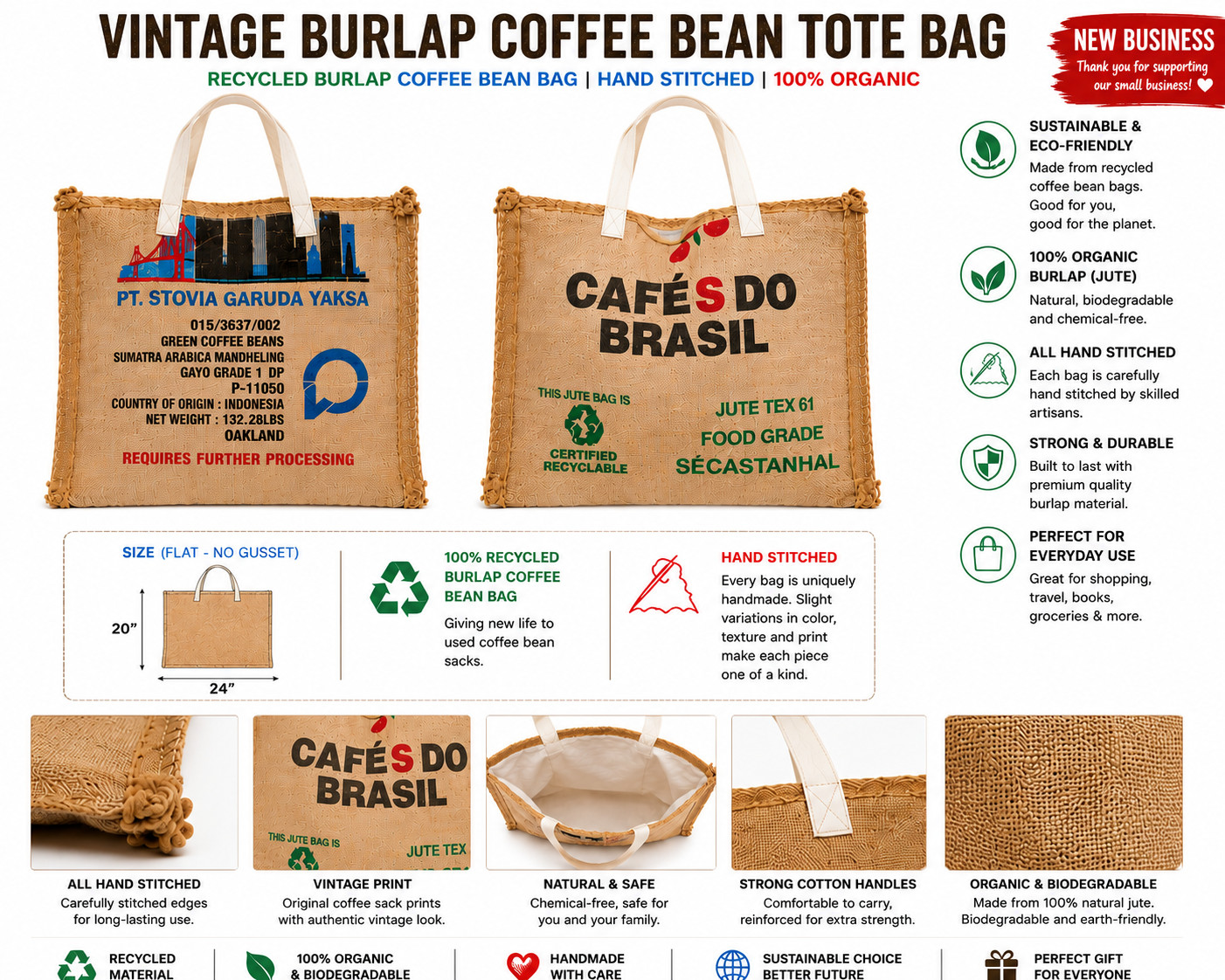 Handmade Burlap Coffee Bean Tote Bag Recycled Jute Eco Friendly
