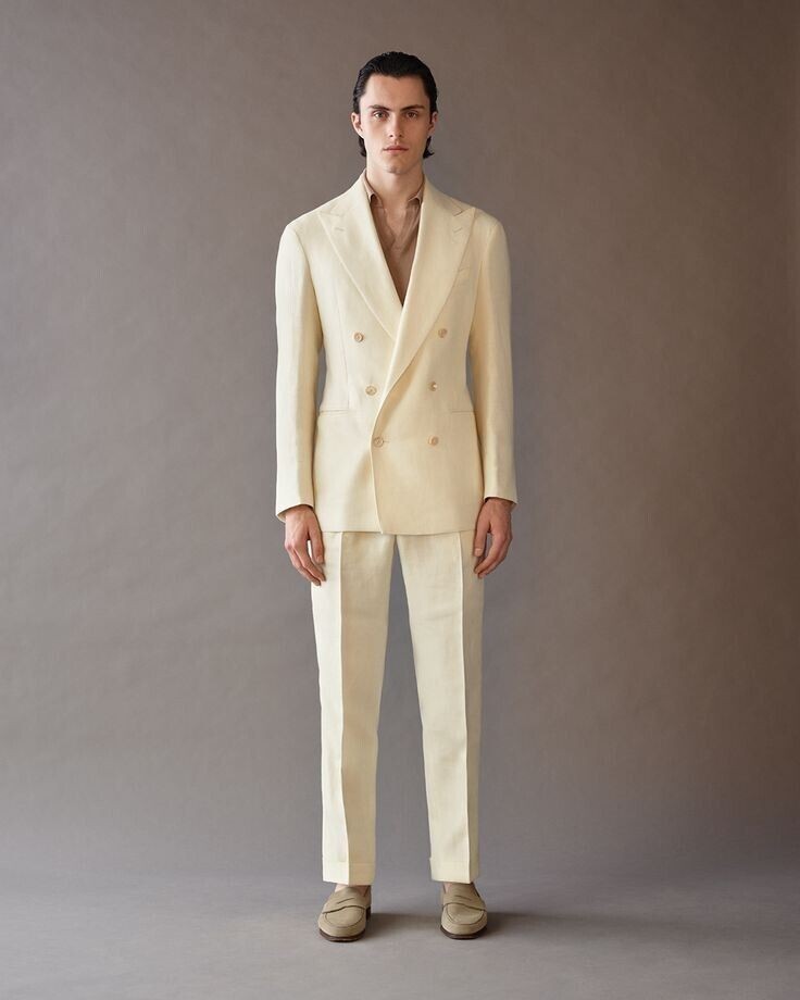 Men’s Beige Linen Double Breasted Blazer Summer Tuxedos Party Prom Casual Suit