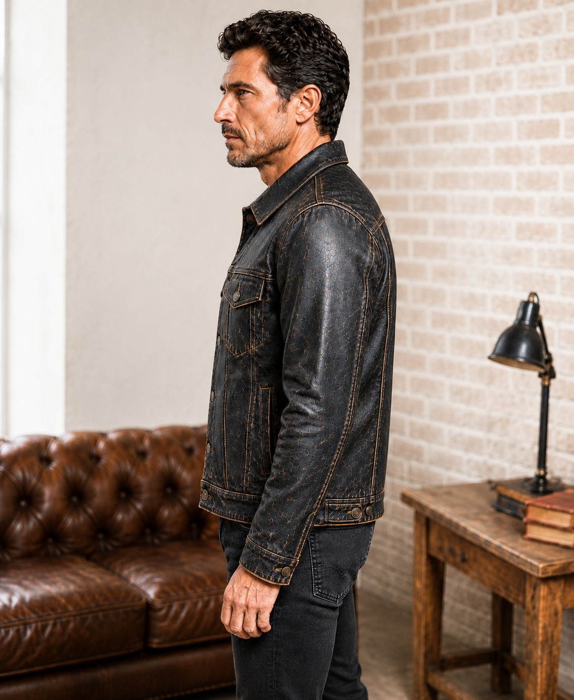 Men’s Lambskin Distressed Trucker Jacket Black Vintage Style Leather Jacket