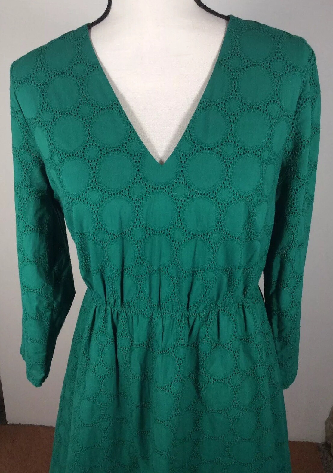 J Crew Dress Women 4 Green EYELET Long Sleeve Preppy Old Money Back Zip Lined