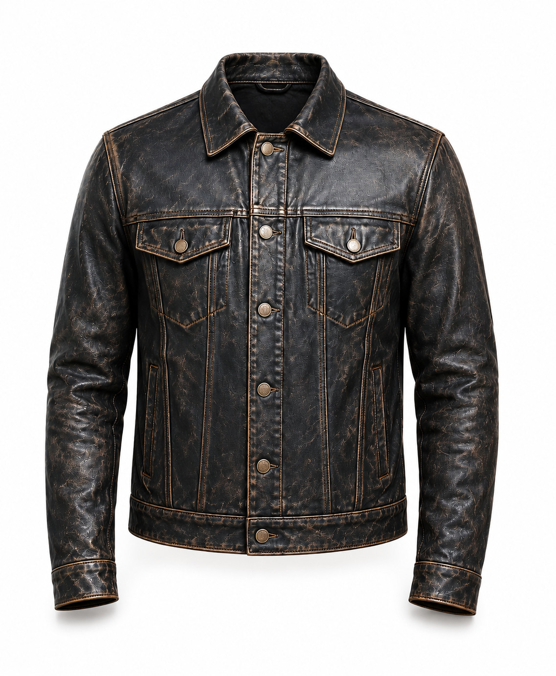 Men’s Lambskin Distressed Trucker Jacket Black Vintage Style Leather Jacket