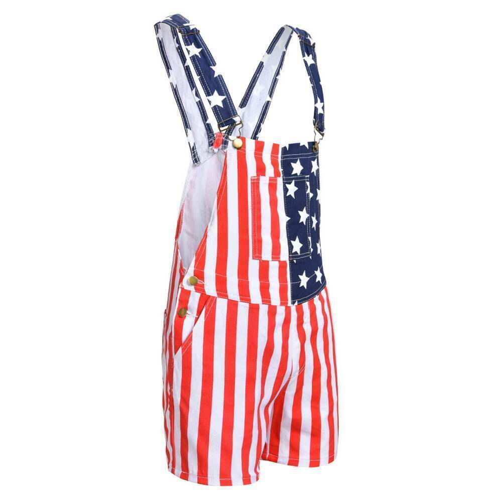 Women’s & Men’s Overalls USA America Flag Print Bib Pants Jumpsuit Romper Shorts