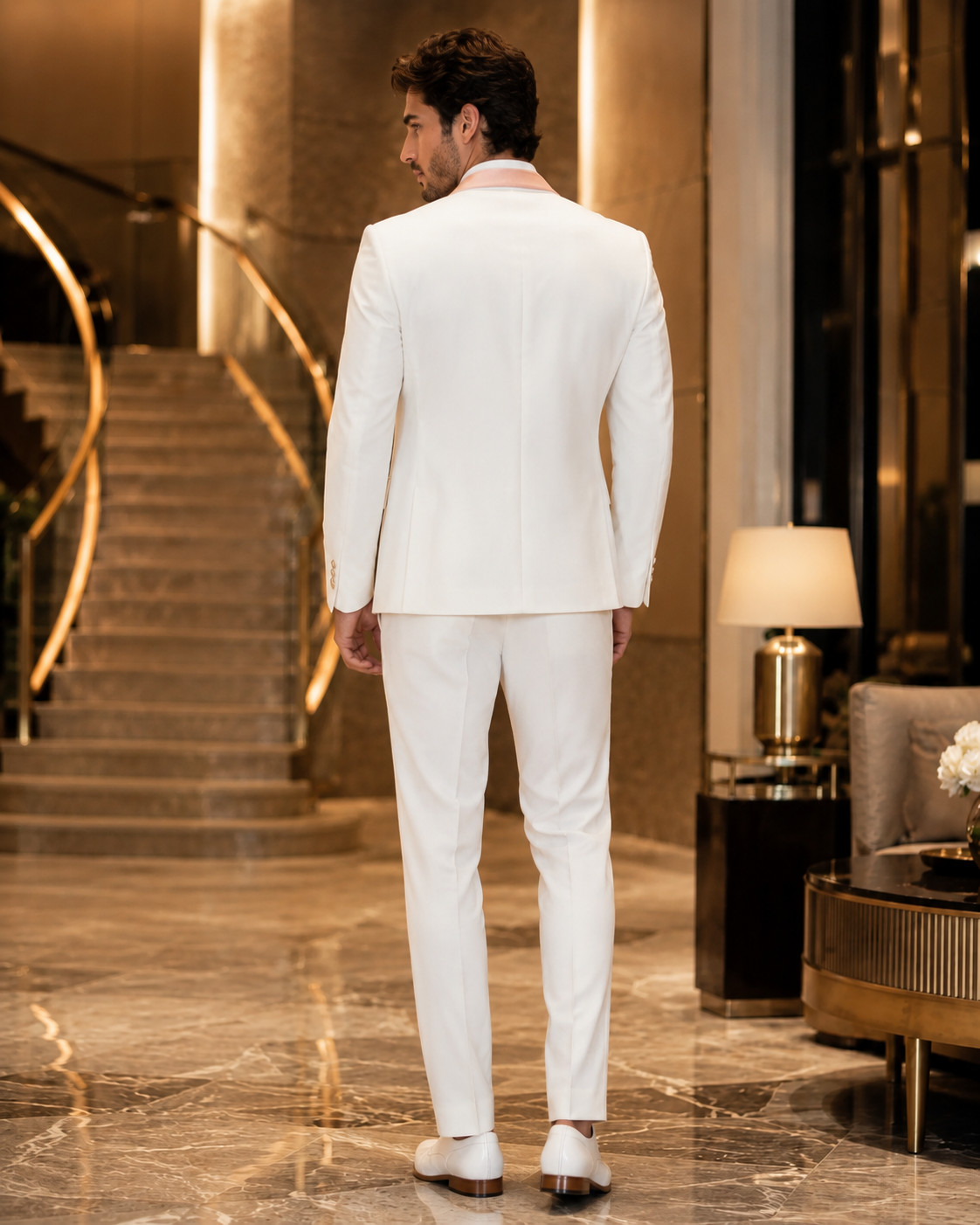 Mens White Tuxedo Suit with Blush Pink Satin Lapel Luxury Wedding Groom Suit