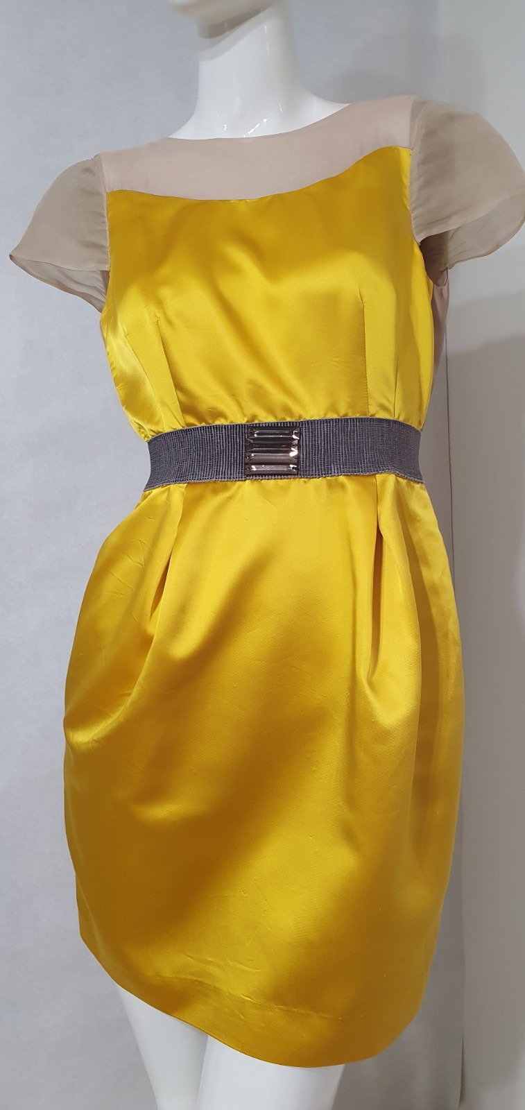 Valentino Roma Yellow Satin Cocktail Dress Crystal Belt IT 40 US 4 Made in Italy