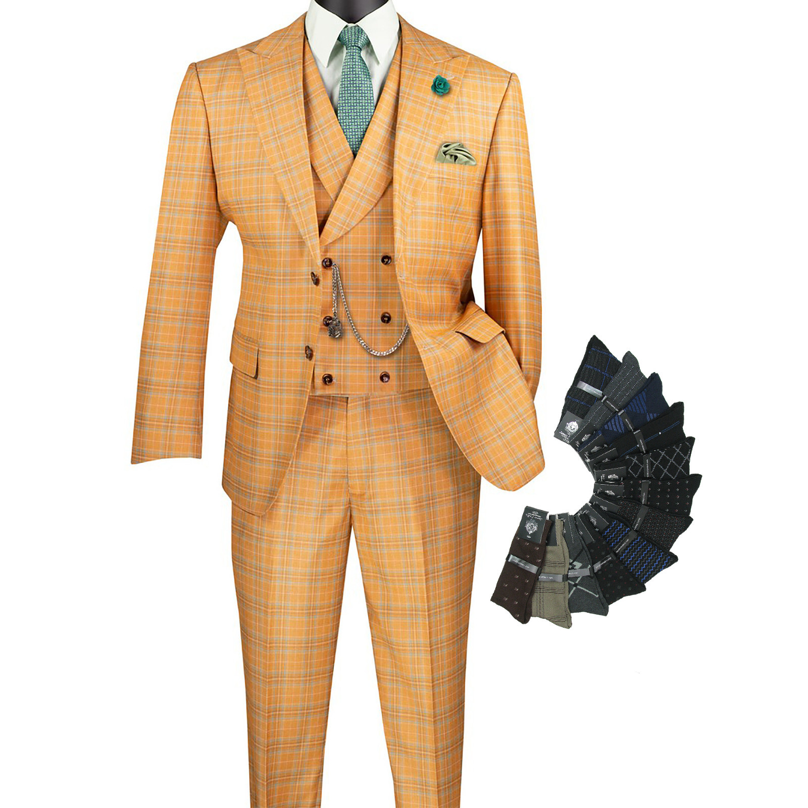 Handsome Men Modern-Fit, 3-pc Windowpane Suit ORANGE (Stretch), w/Socks, $359+