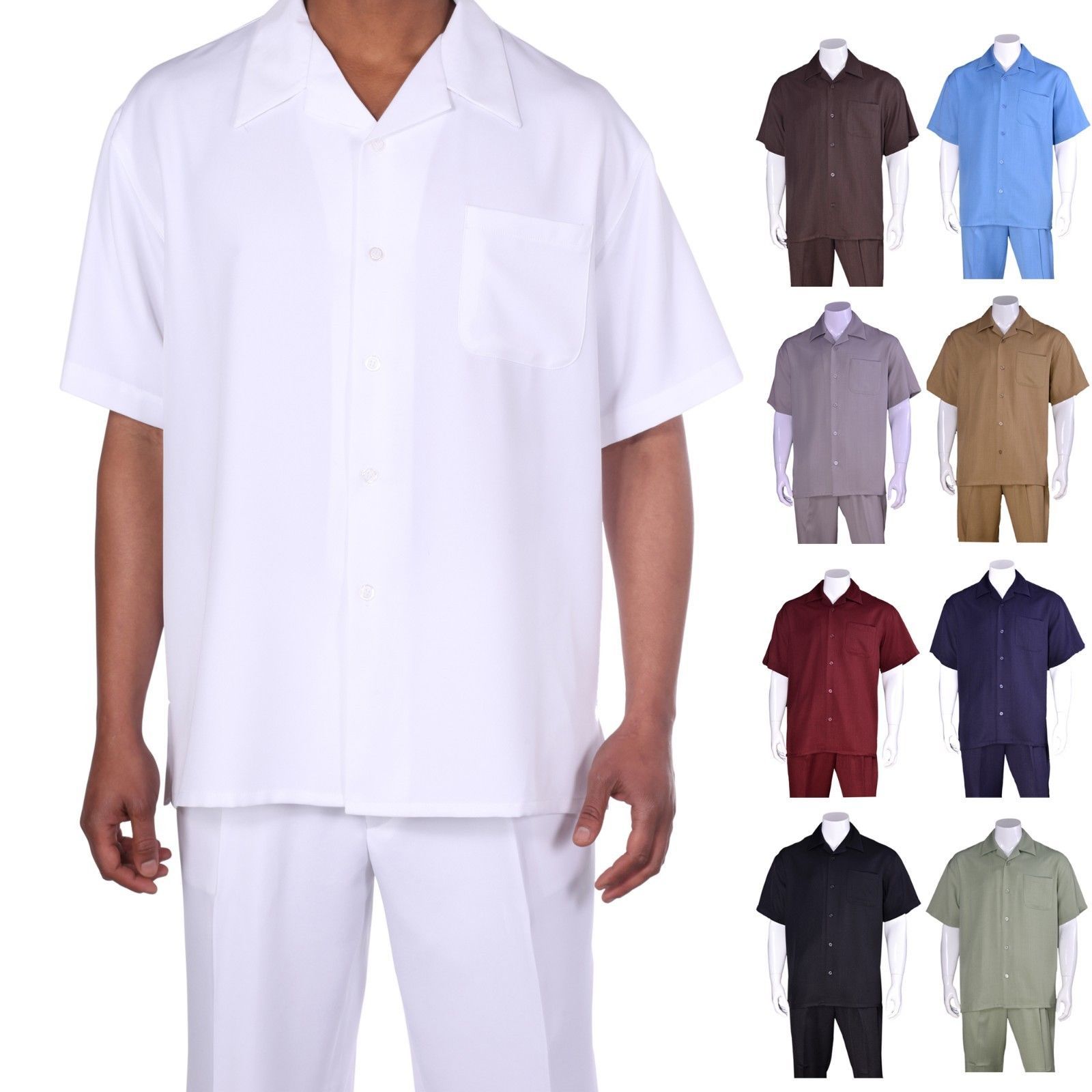 New Men’s 2pc Walking Suit Short Sleeve Casual Shirt & Pants Set Solid M2954 .