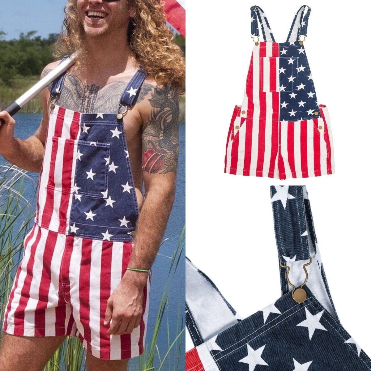 Women’s & Men’s Overalls USA America Flag Print Bib Pants Jumpsuit Romper Shorts