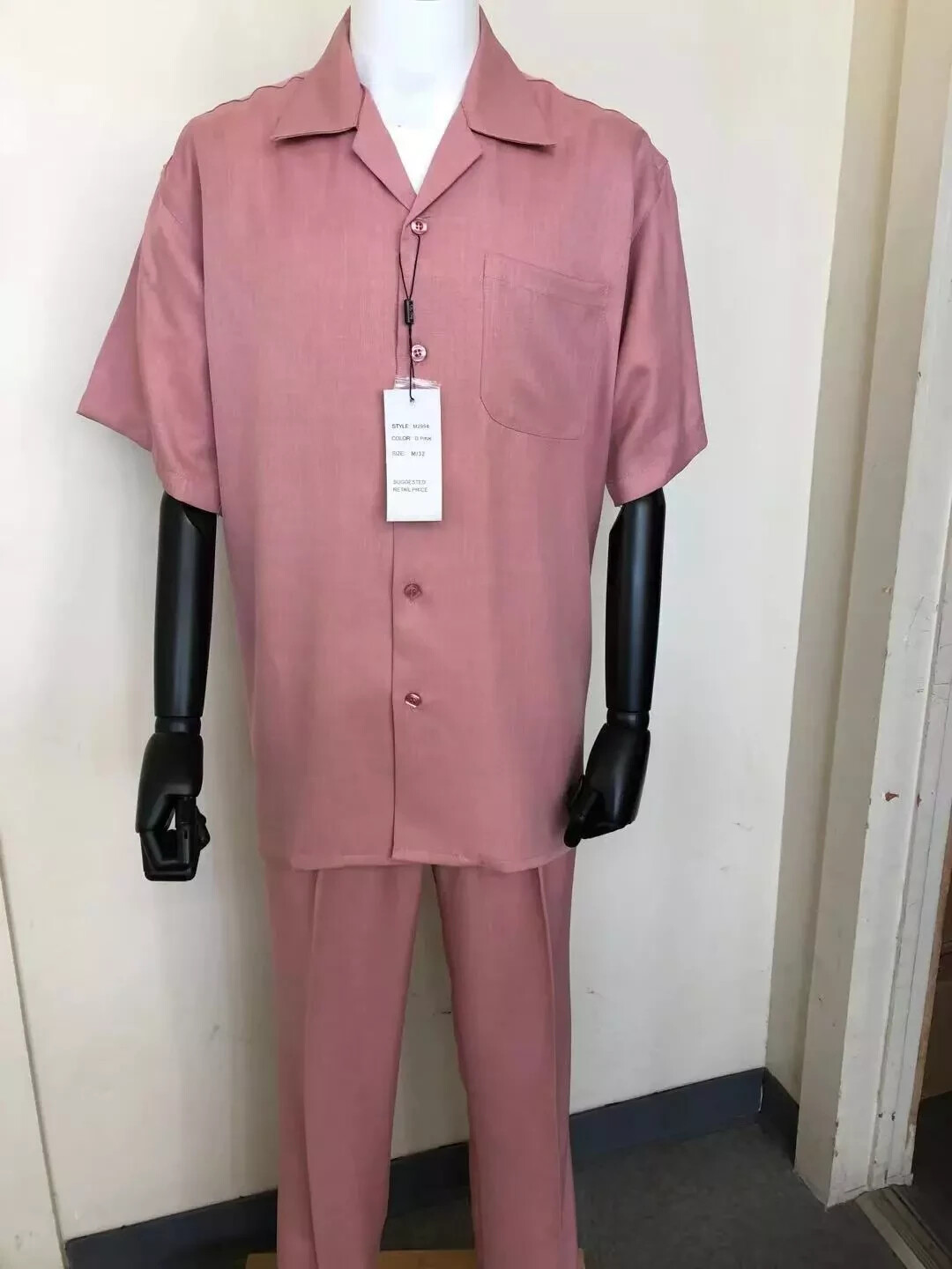 New Men’s 2pc Walking Suit Short Sleeve Casual Shirt & Pants Set Solid M2954 .