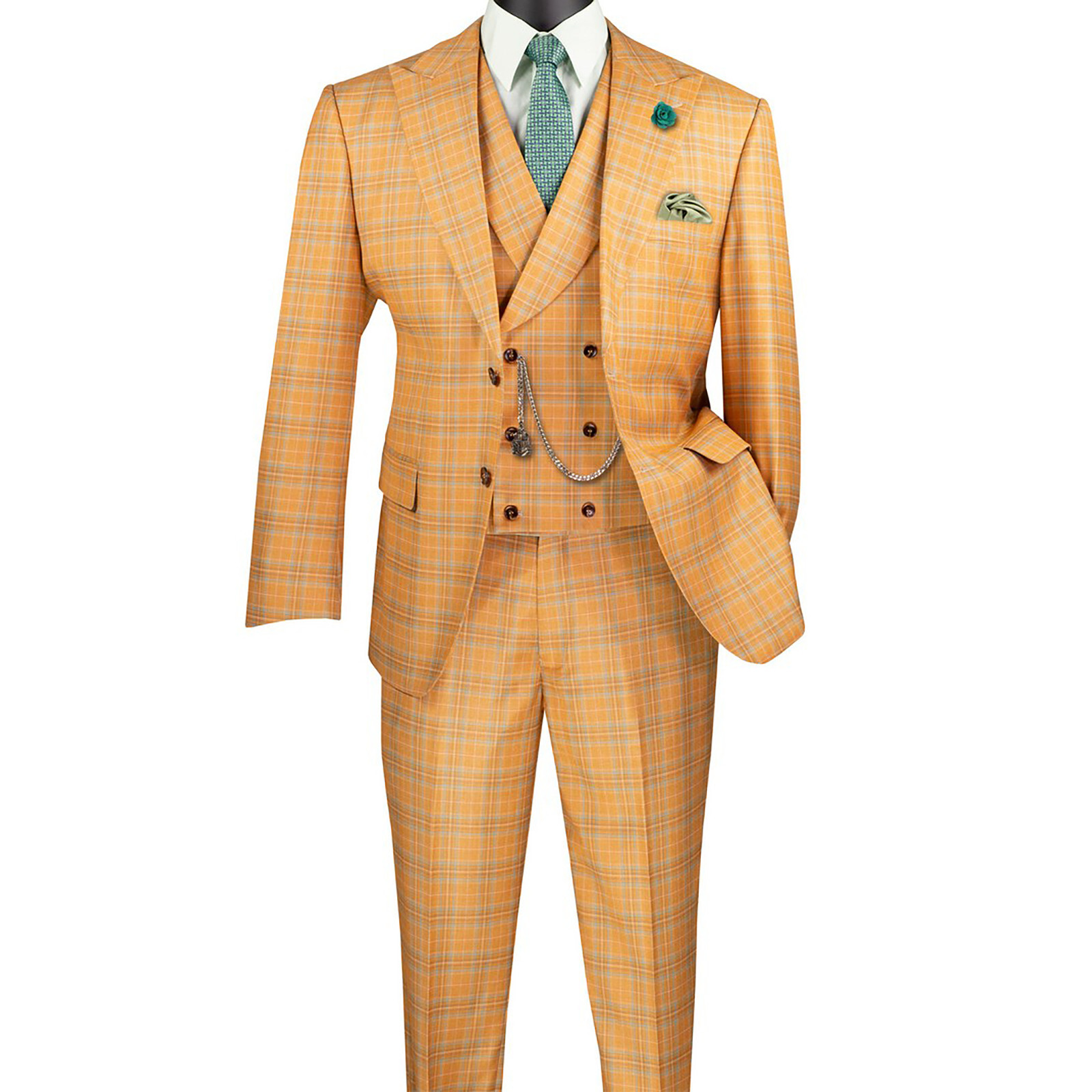 Handsome Men Modern-Fit, 3-pc Windowpane Suit ORANGE (Stretch), w/Socks, $359+