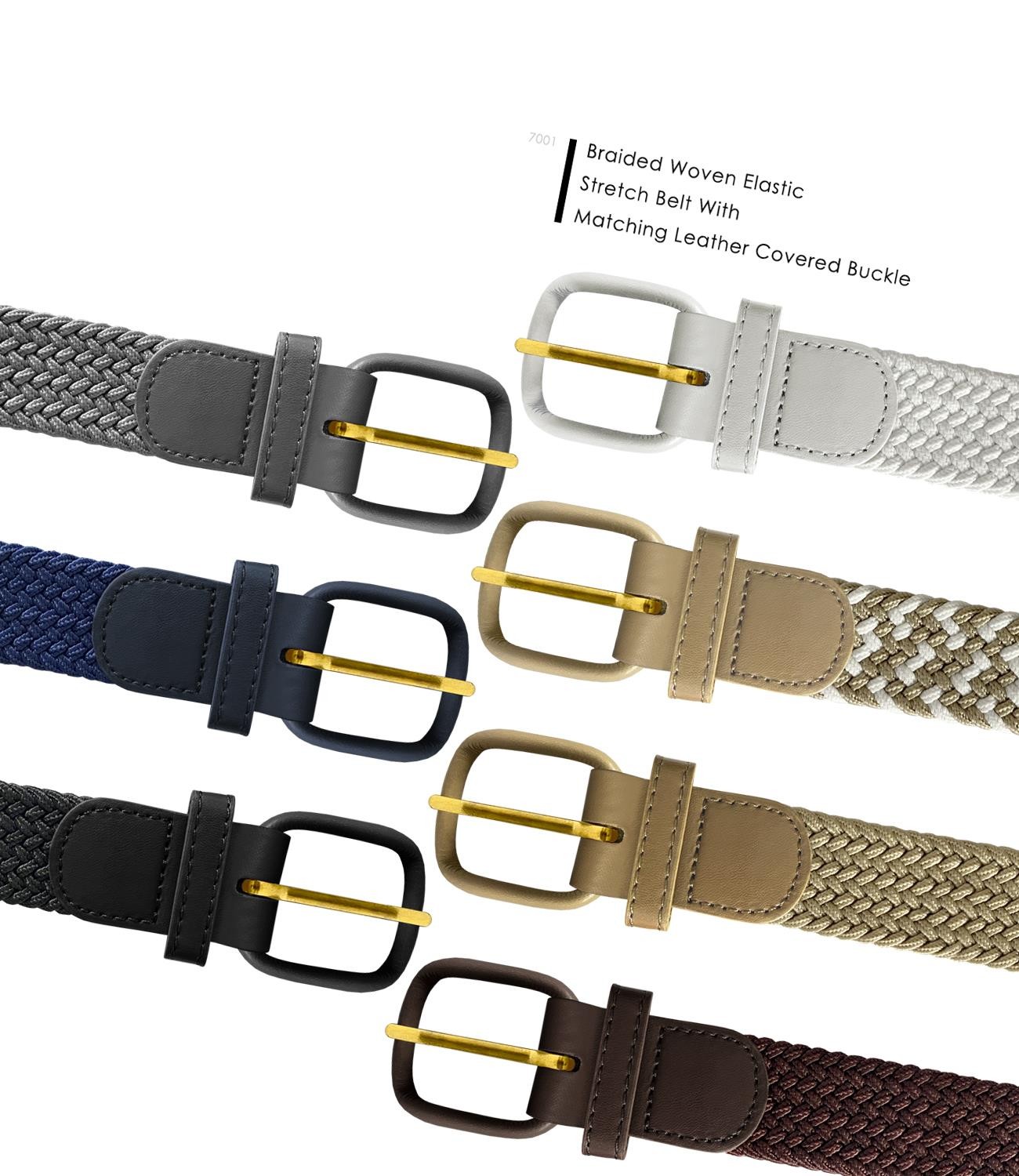 7001 Men’s Leather Covered Buckle Woven Elastic Stretch Belt 1-1/4″ Wide