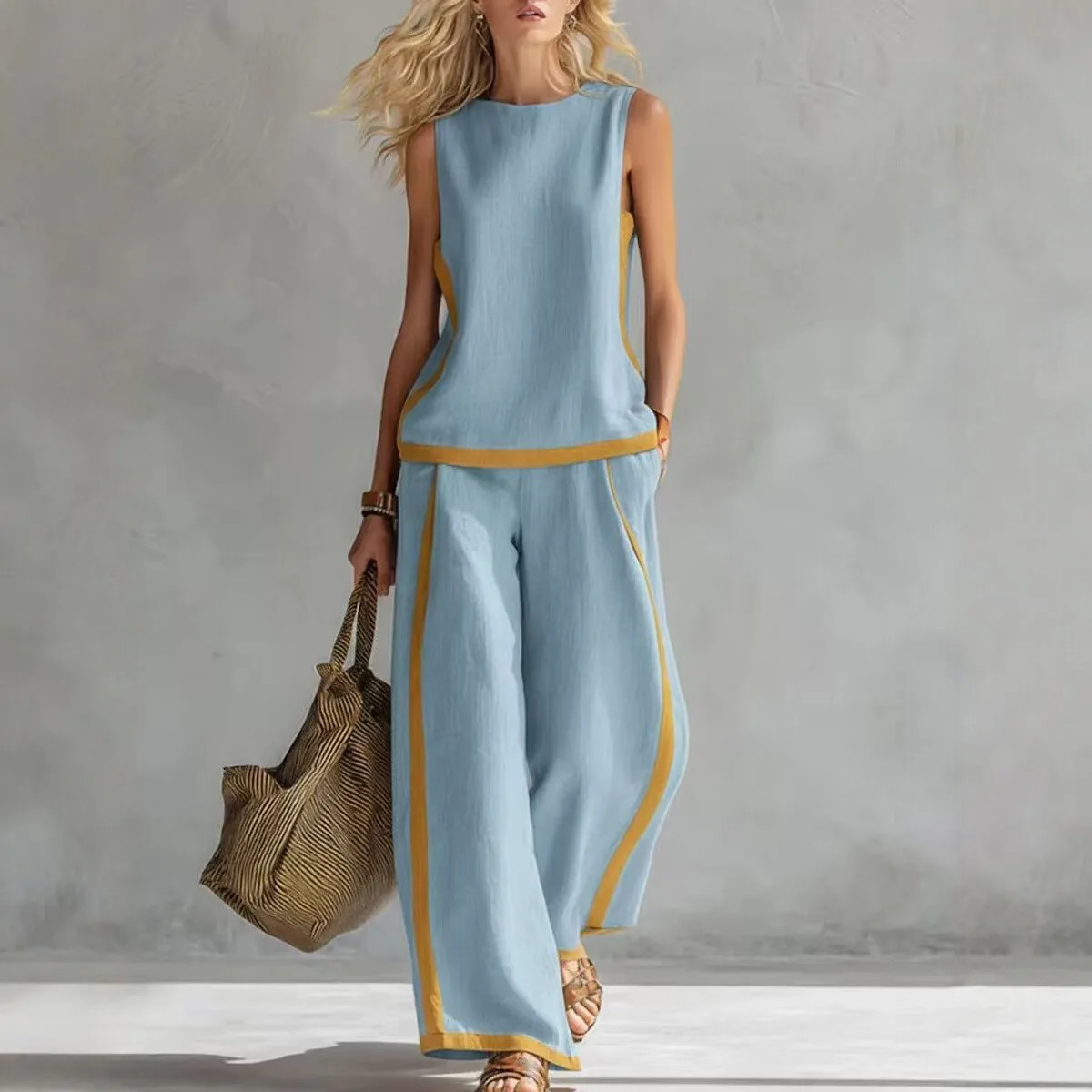 Simple Stripe Print Women’s Suits Sleeveless Blouse Wide Leg Pants Two Piece Set