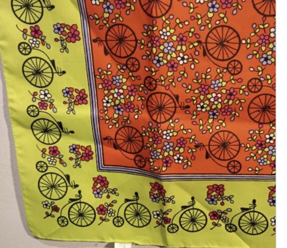 Vintage Italian 1970s Mod Bicycle & Floral Scarf – 19.5″ Square – Orange & Lime