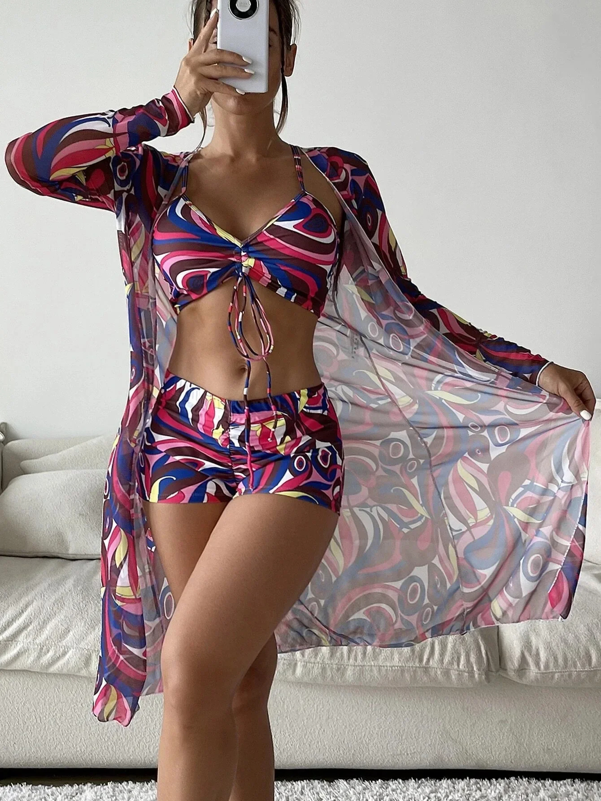 Womens 3 Piece Swimsuit with Mesh Long Sleeve Cover Up Drawstring Bathing Suits