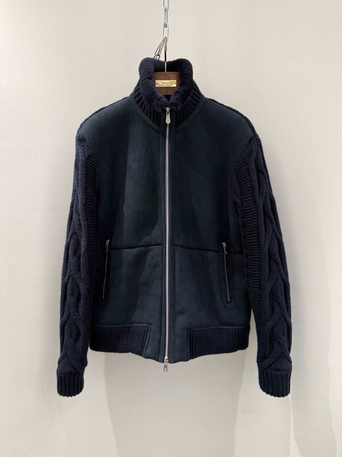 Brunello Cucinelli Men’s Navy Leather Bomber Jacket Full Zip Cable Sleeves 50