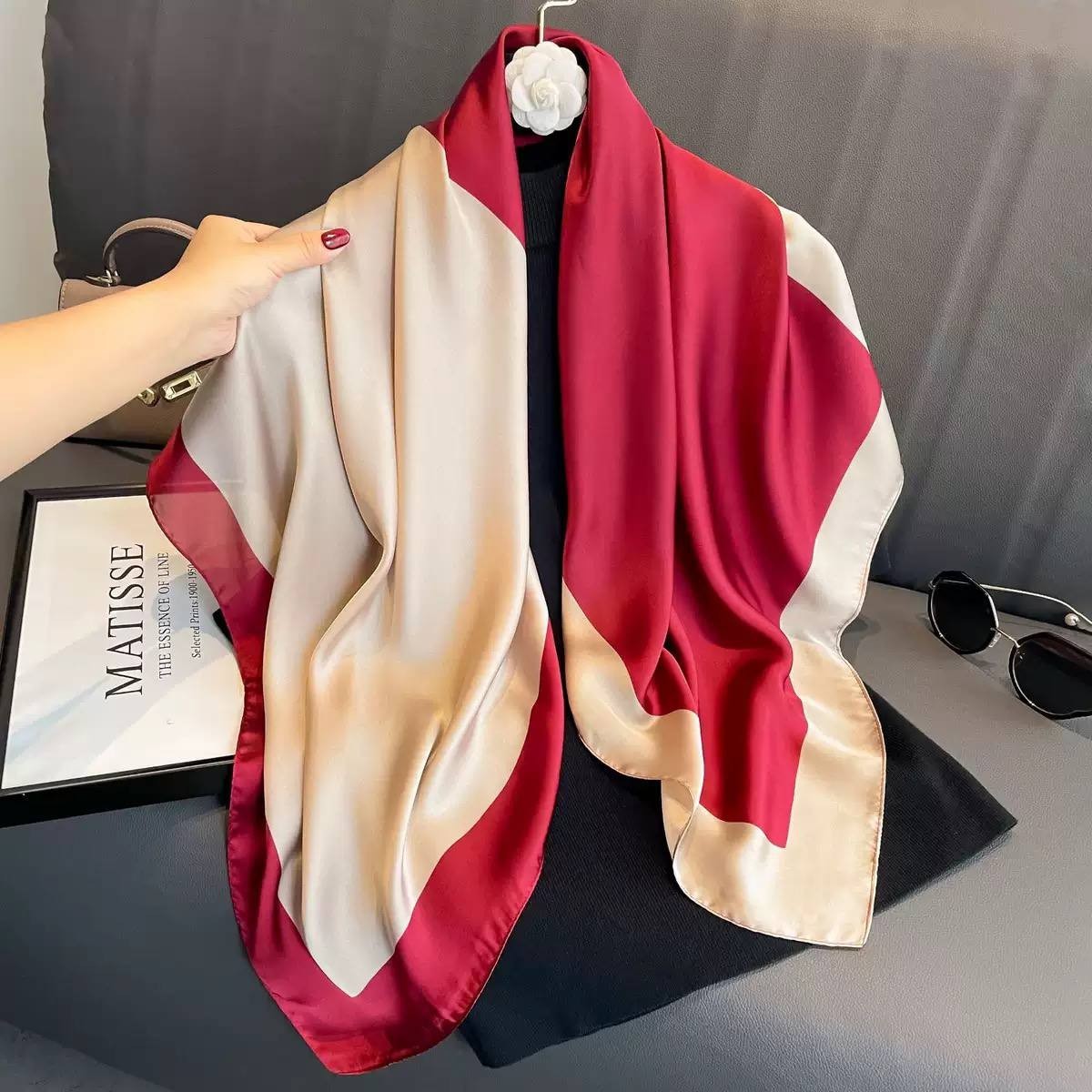 90cm Mulberry Silk Square Scarf Red Beige Printed Shawl Wrap