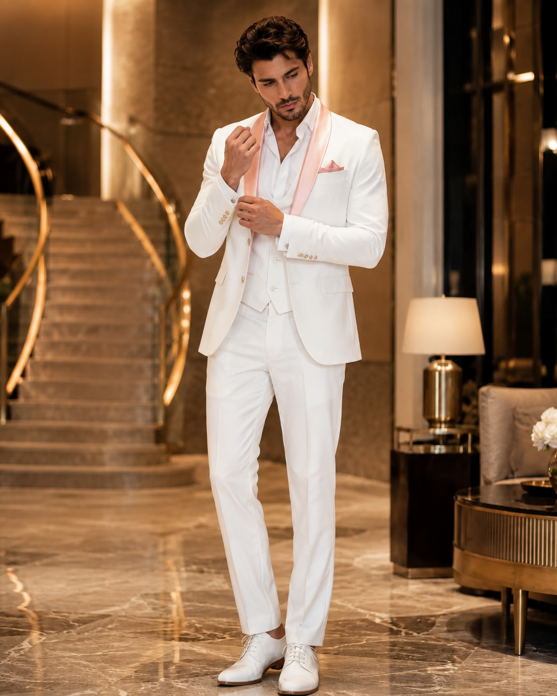 Mens White Tuxedo Suit with Blush Pink Satin Lapel Luxury Wedding Groom Suit