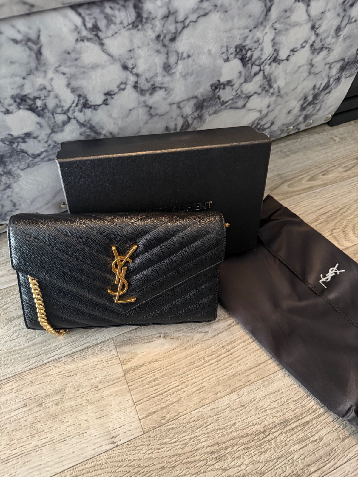Saint Laurent Black Wallet on Chain Crossbody Gold Chain Bag🙂🙂
