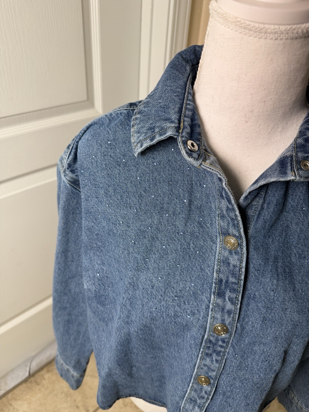 Scoop Rhinestone Embellished Cotton Denim Shirt Long Sleeve XS (fit size 10)NWOT