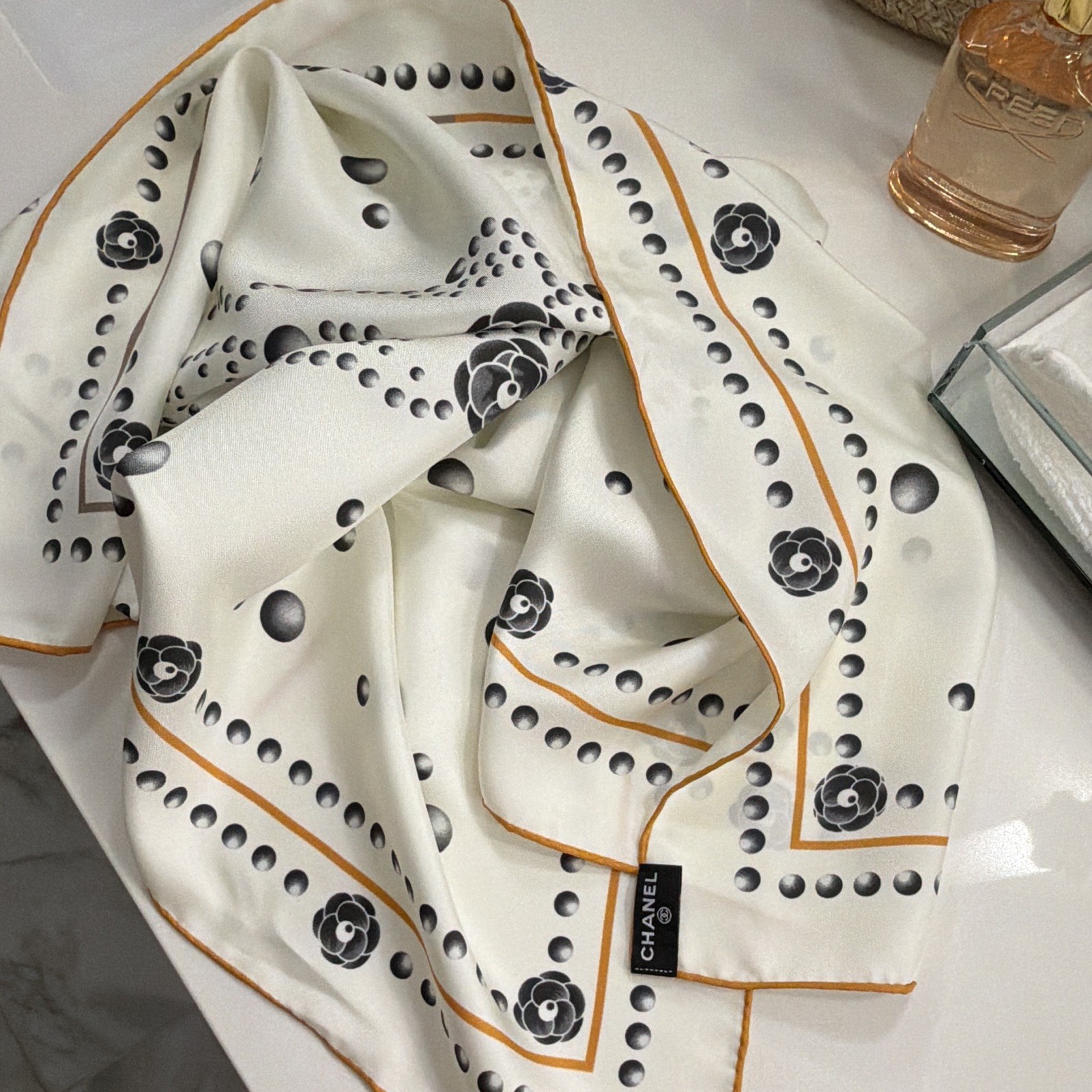 CHANEL White Silk Square Scarf Black Camellia Dot Floral Print Orange Trim