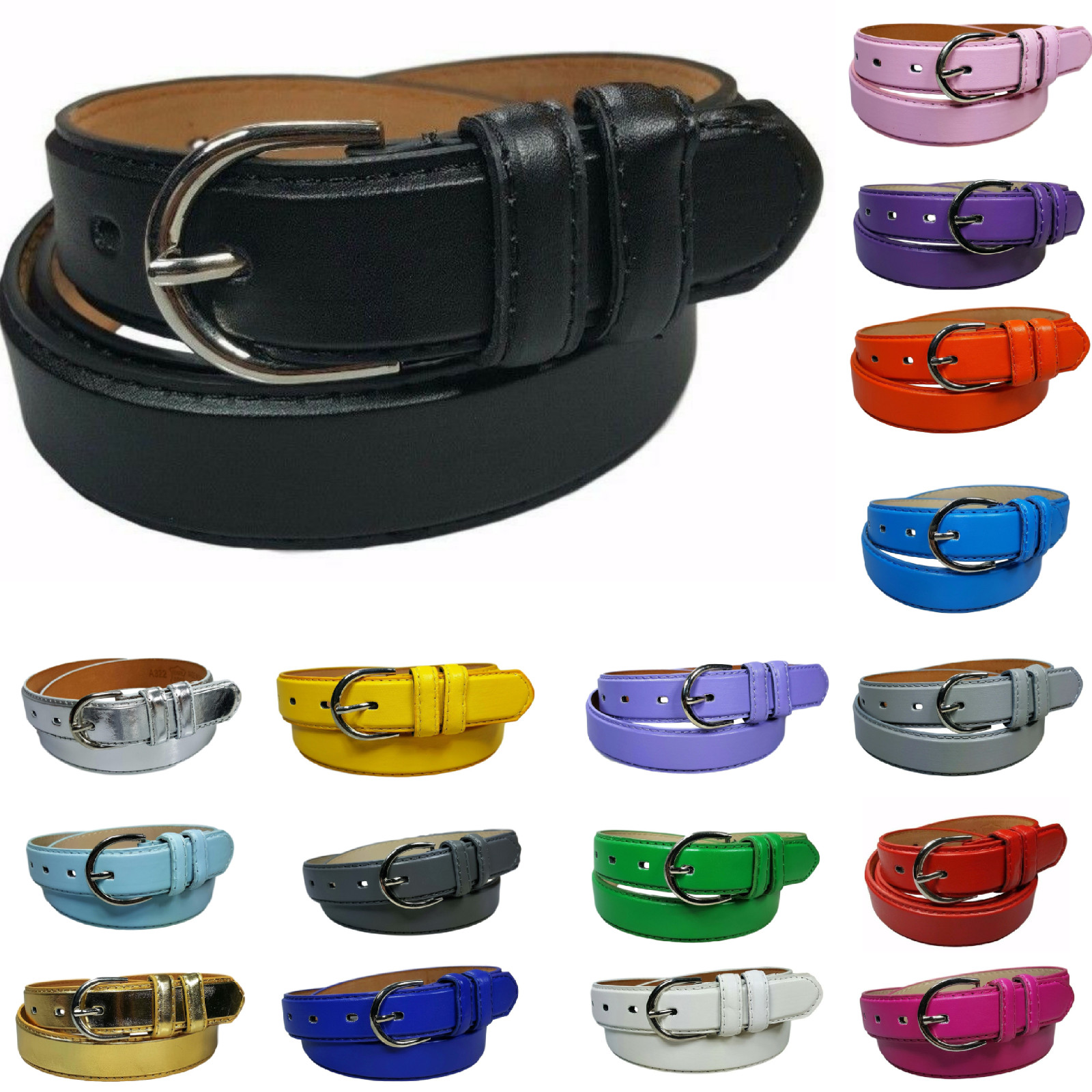 Women’s Leather Casual Dress Plain Solid Colors Belt Silver Buckle Ladies New