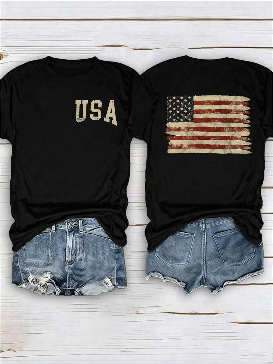 Women’s Short Sleeve T-Shirt With American Flag And Slogan Print Graphic Tees