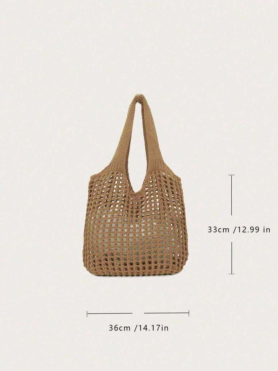 Crochet Woven Shopping Bag Hollow Out Beach Vacation Tote Foldable Mesh Bag