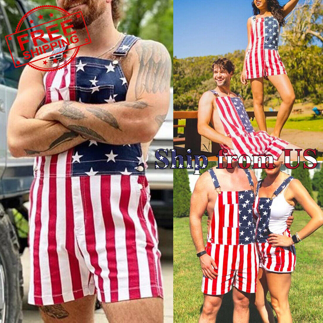 Women’s & Men’s Overalls USA America Flag Print Bib Pants Jumpsuit Romper Shorts