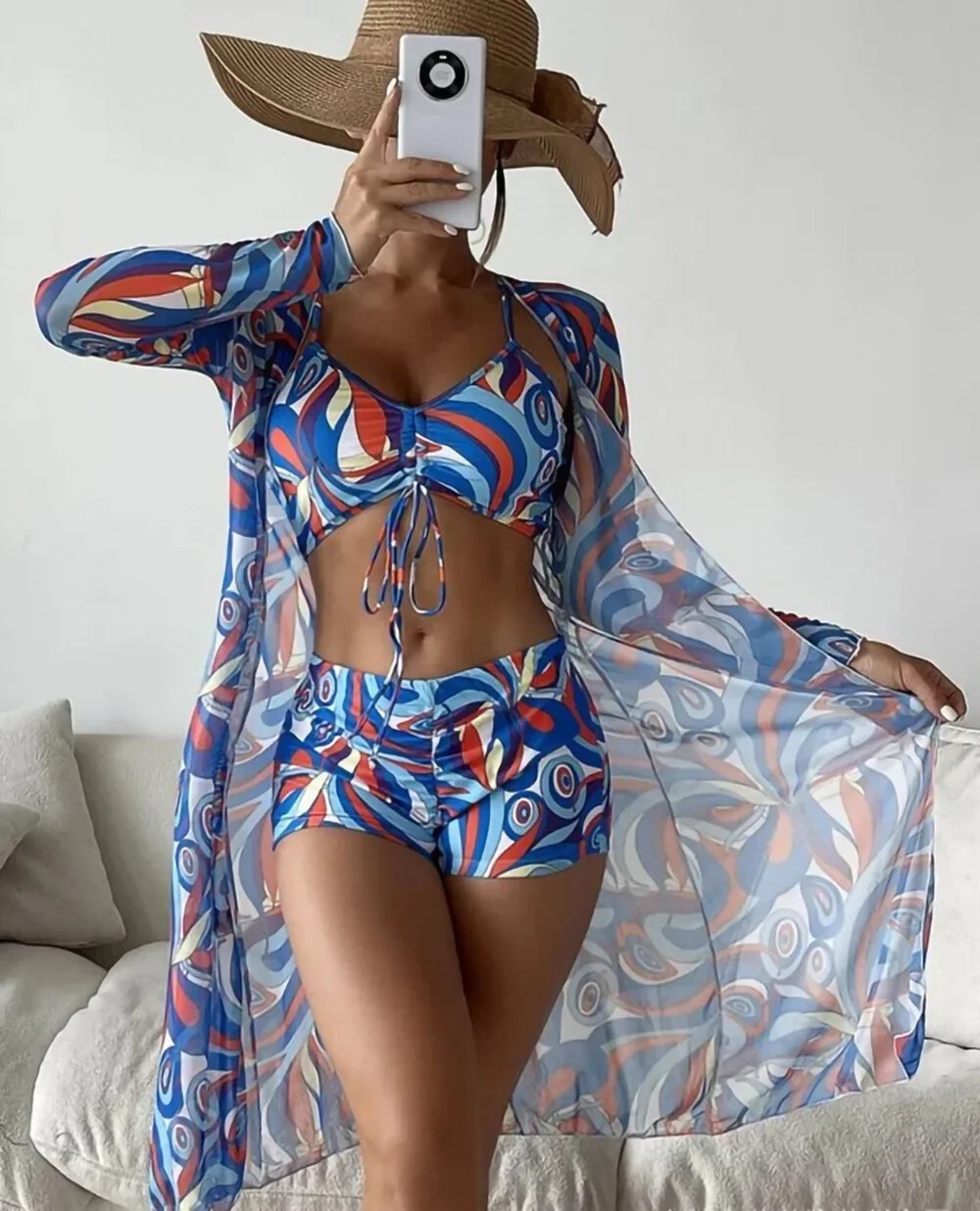 Womens 3 Piece Swimsuit with Mesh Long Sleeve Cover Up Drawstring Bathing Suits
