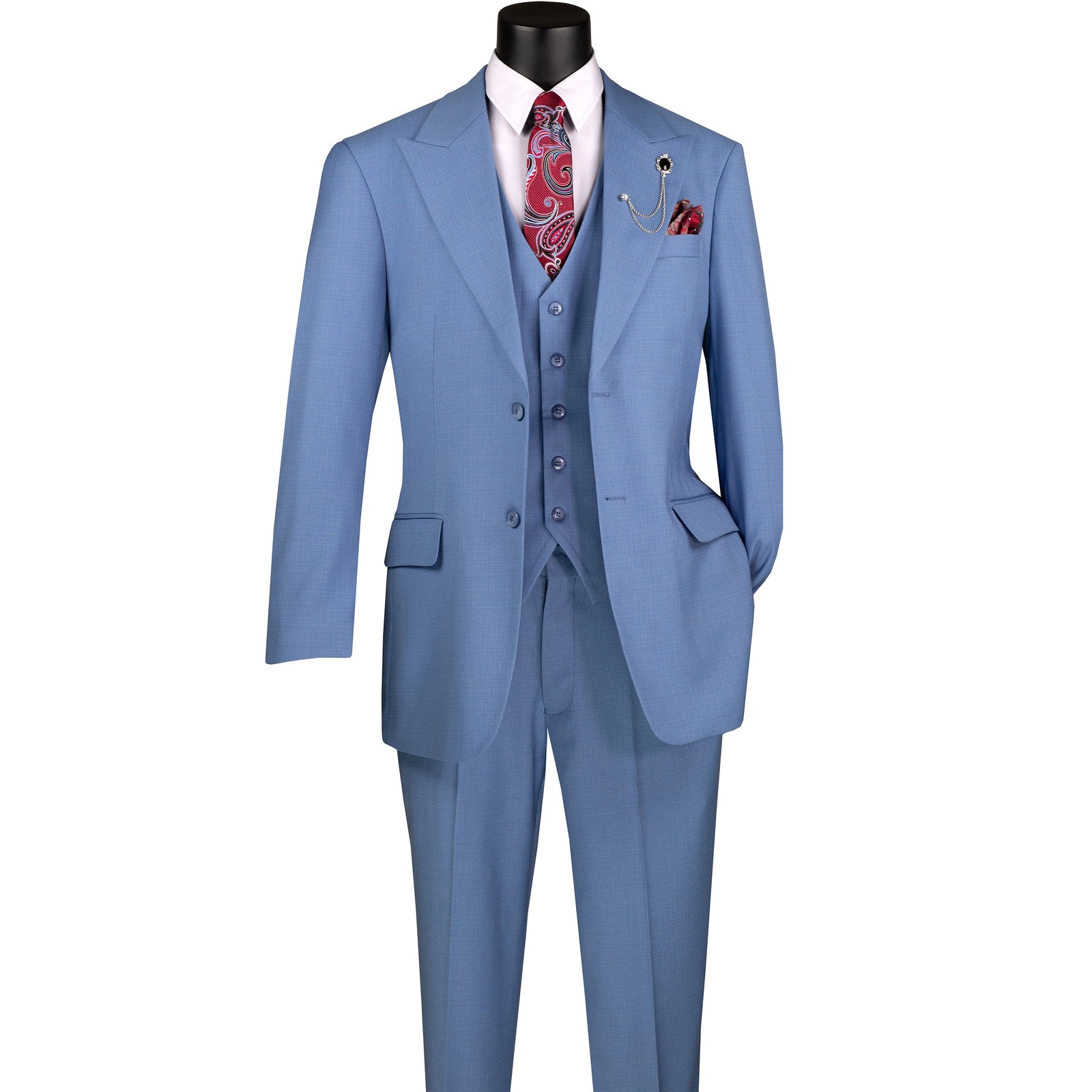 VINCI Men’s Blue Textured Weave 3 Piece Regular Fit Suit w/ Flex Waist – NEW