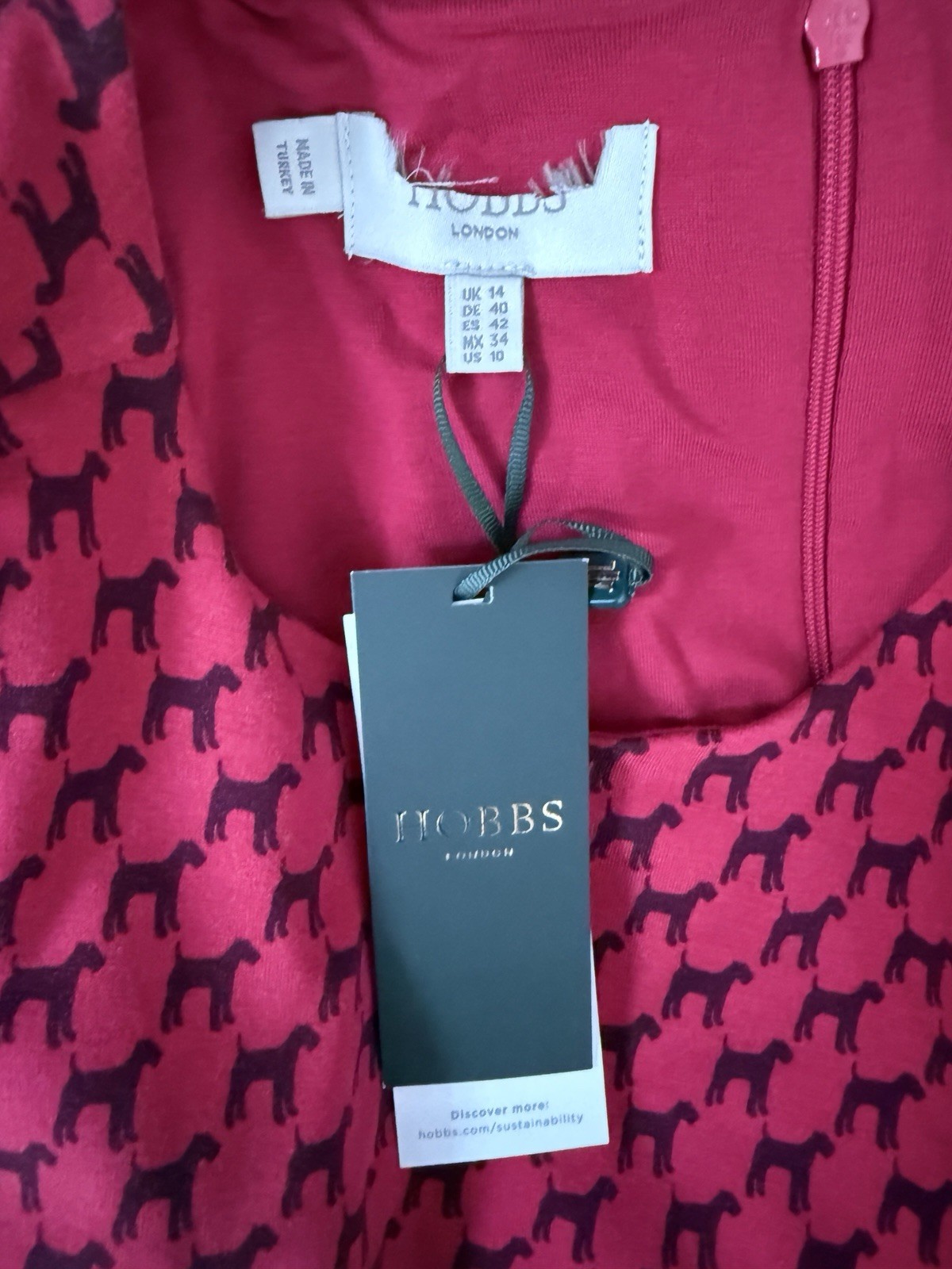 Hobbs Indi Jersey Dress in Berry Red/Black Dog Print UK14 RRP£89 NEW