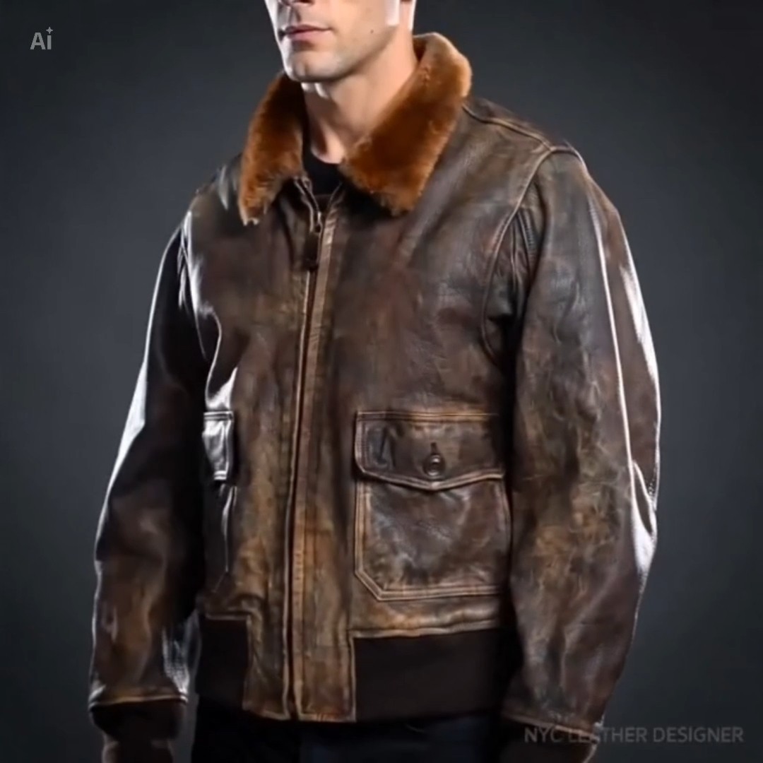 Mens Aviator Navy G-1 Flight Jacket Real Brown Distressed Leather Bomber Jacket