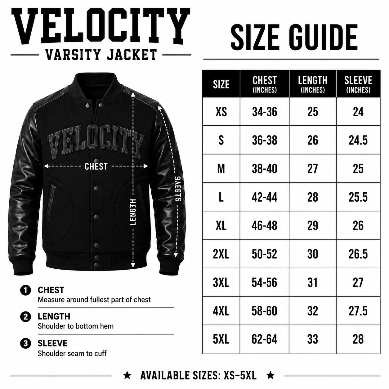 Men’s Black Varsity Jacket Letterman Bomber Coat Custom VELOCITY XS-5XL