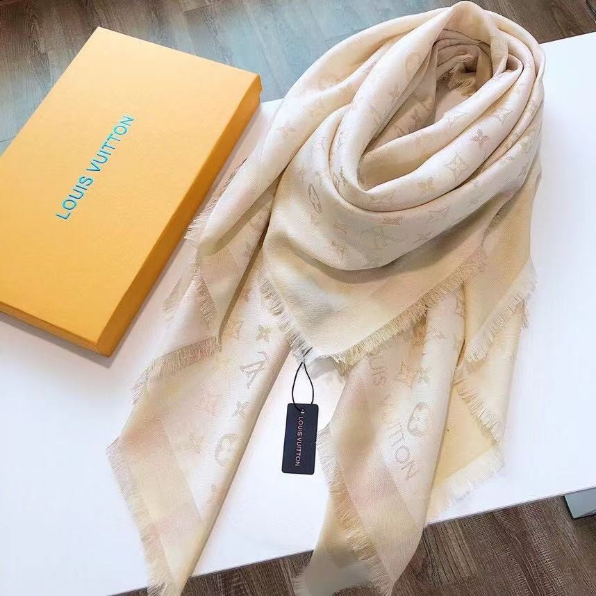 LOUIS VUITTON SCARF SHAWL PONCHO 100% AUTHENTIC CLASSIC SILK BEIGE WHITE