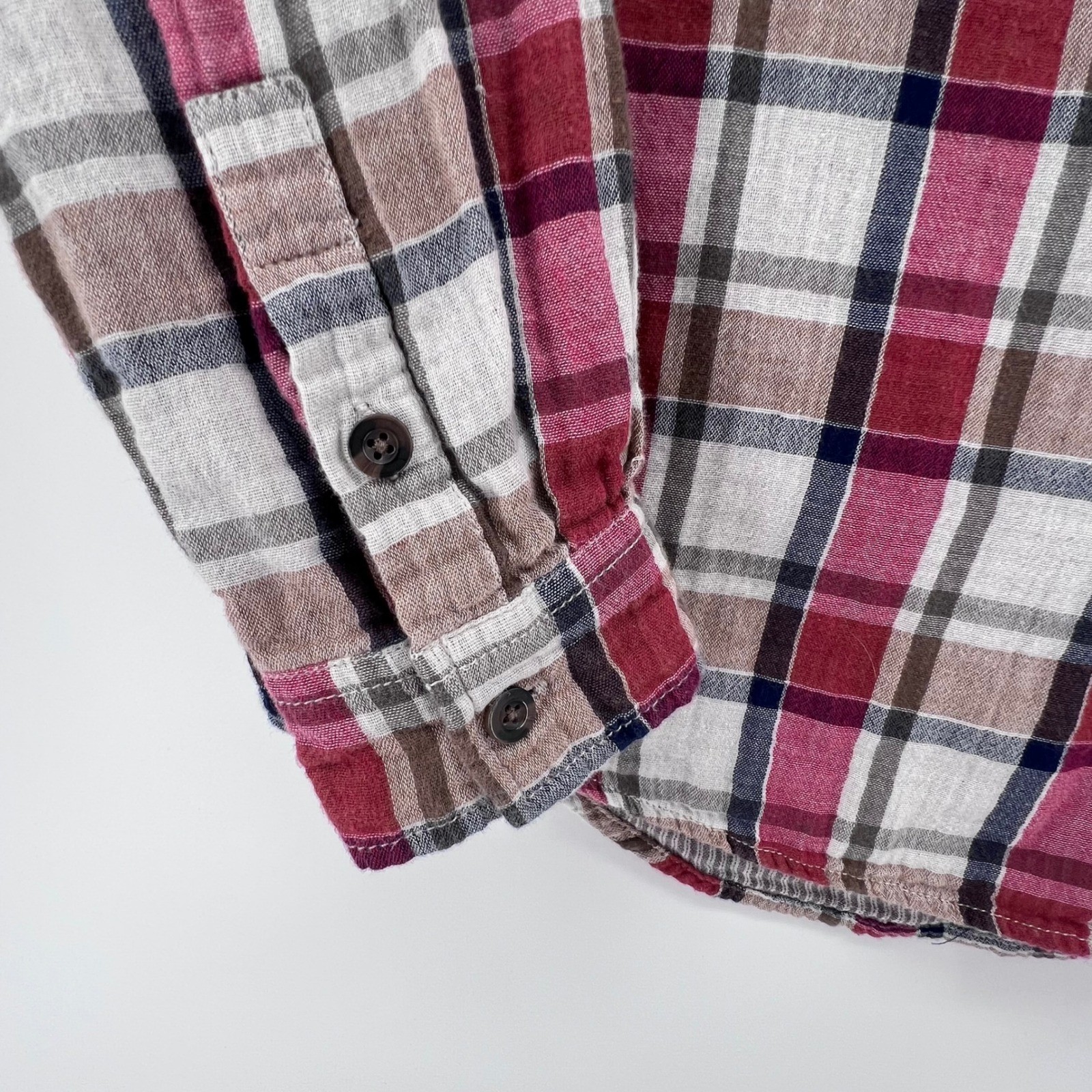 Purnell Women Large Red Plaid Button Down Shirt Long Sleeve 2-layer Cotton/Gauze