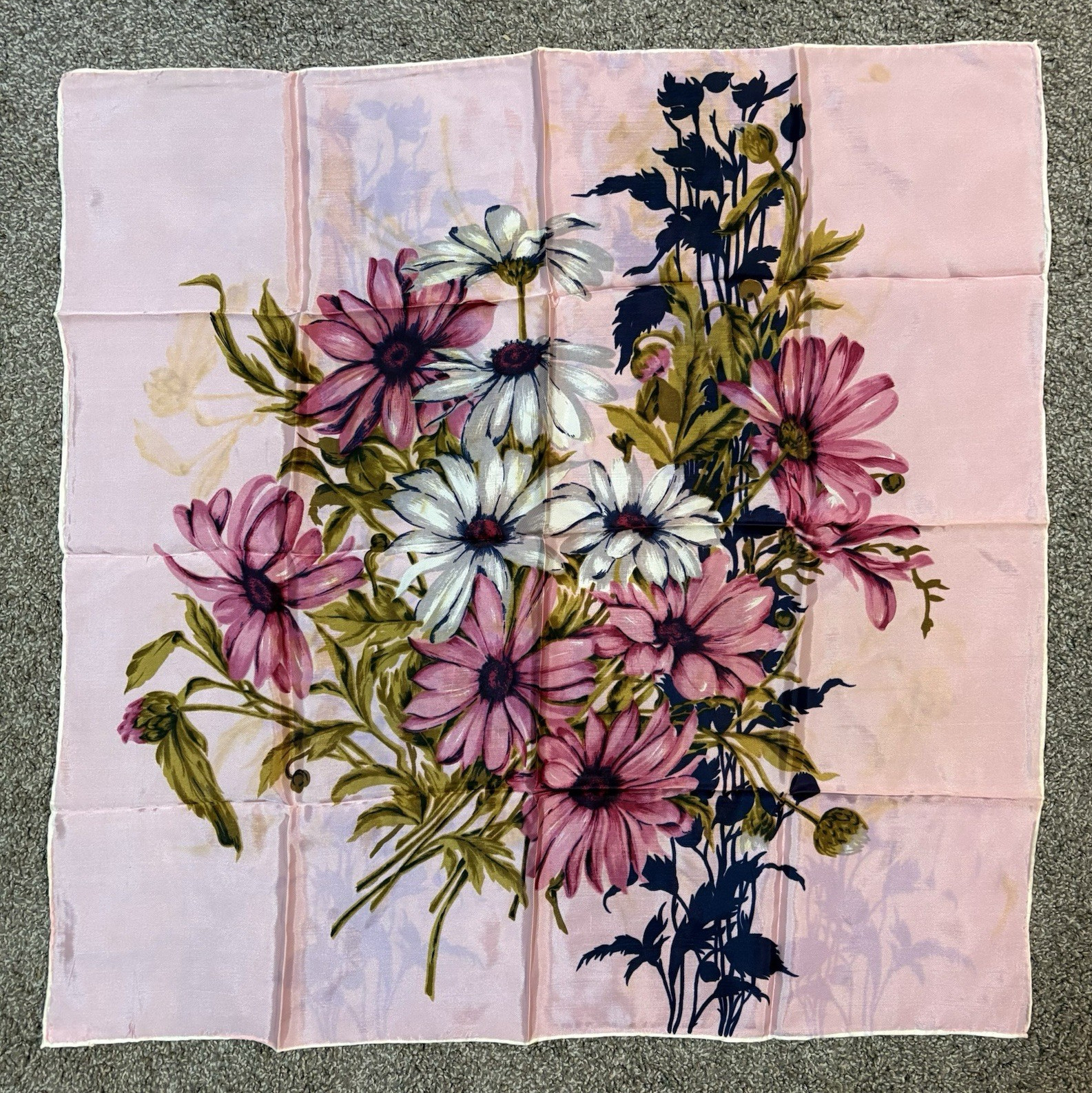 Polyester Twill Square Scarf Pink Multicolor Floral Hand Rolled Made in Japan