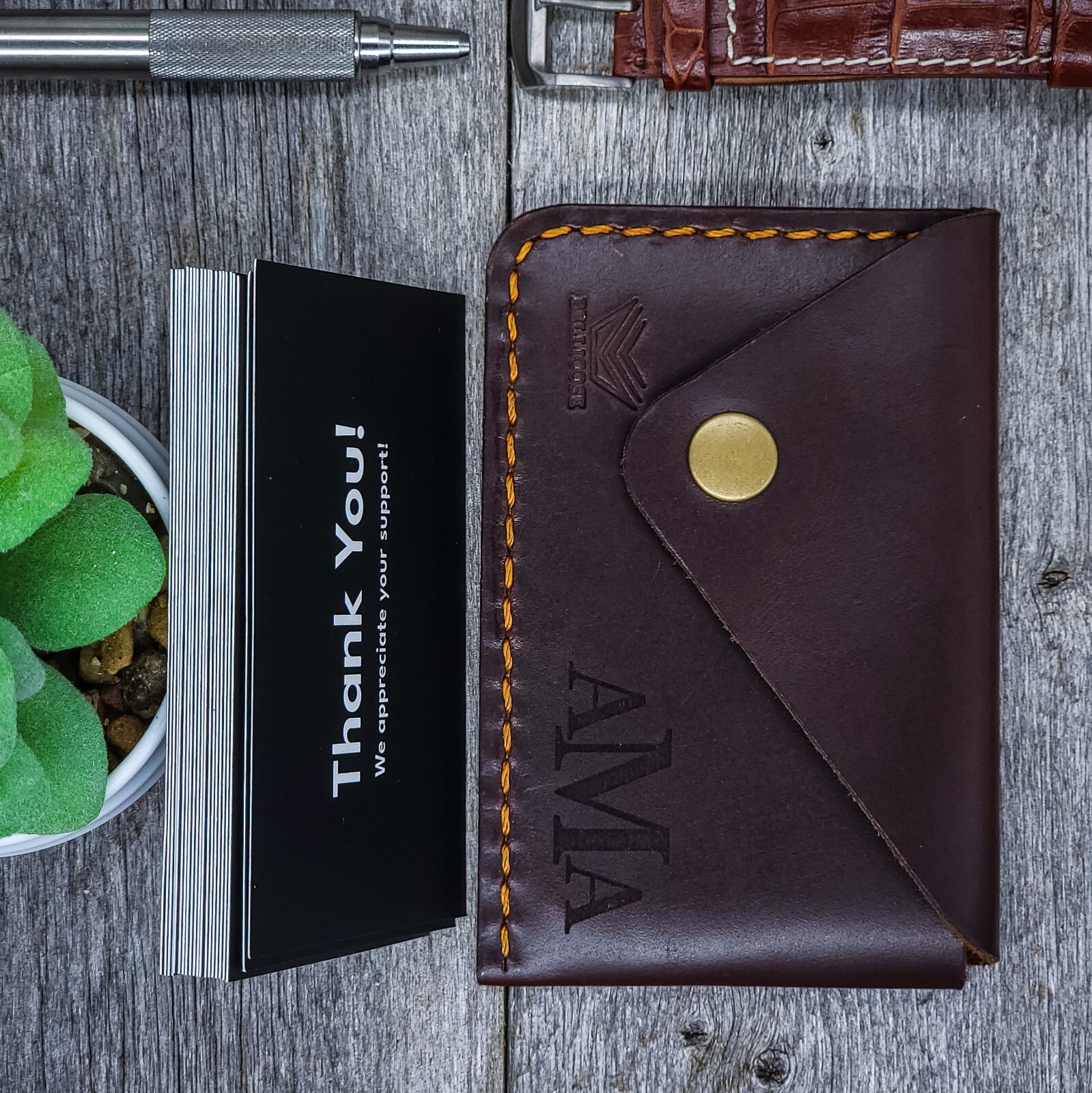 Full Grain Leather Business Card Holder Slim Front Pocket Card Holder Engraving