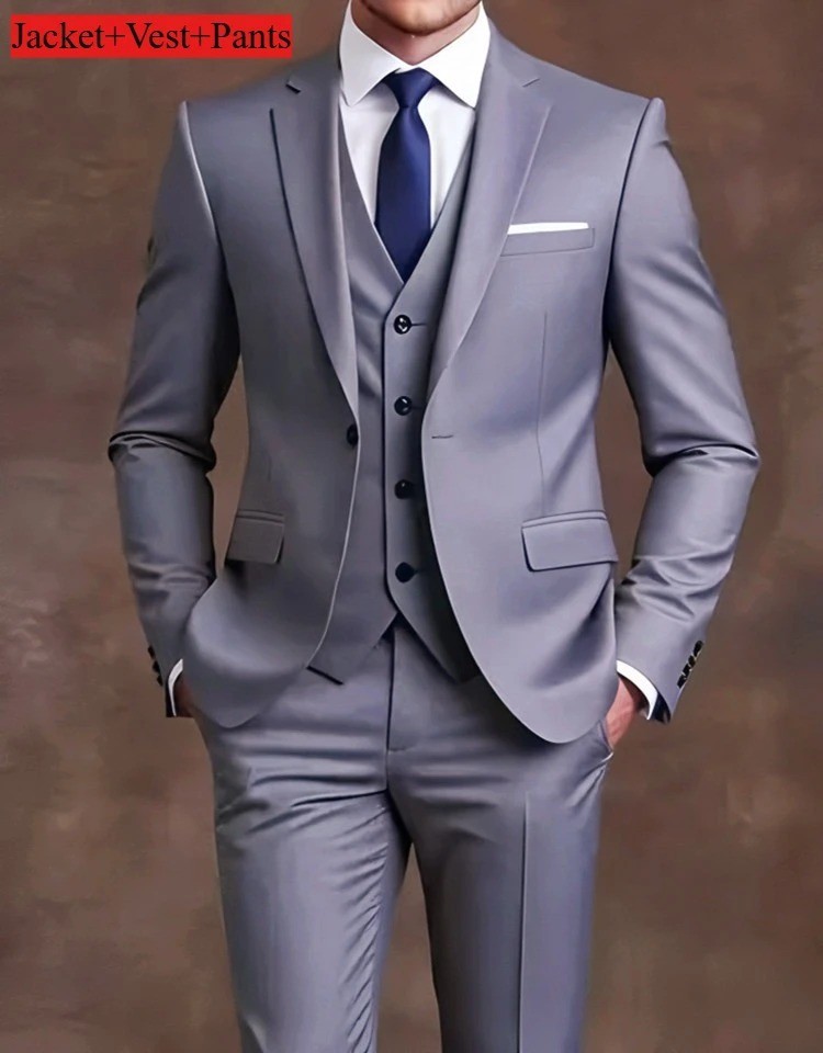 Men’s 3-Piece Slim Fit Suit Set Formal Wedding Business Party Blazer Vest Pant