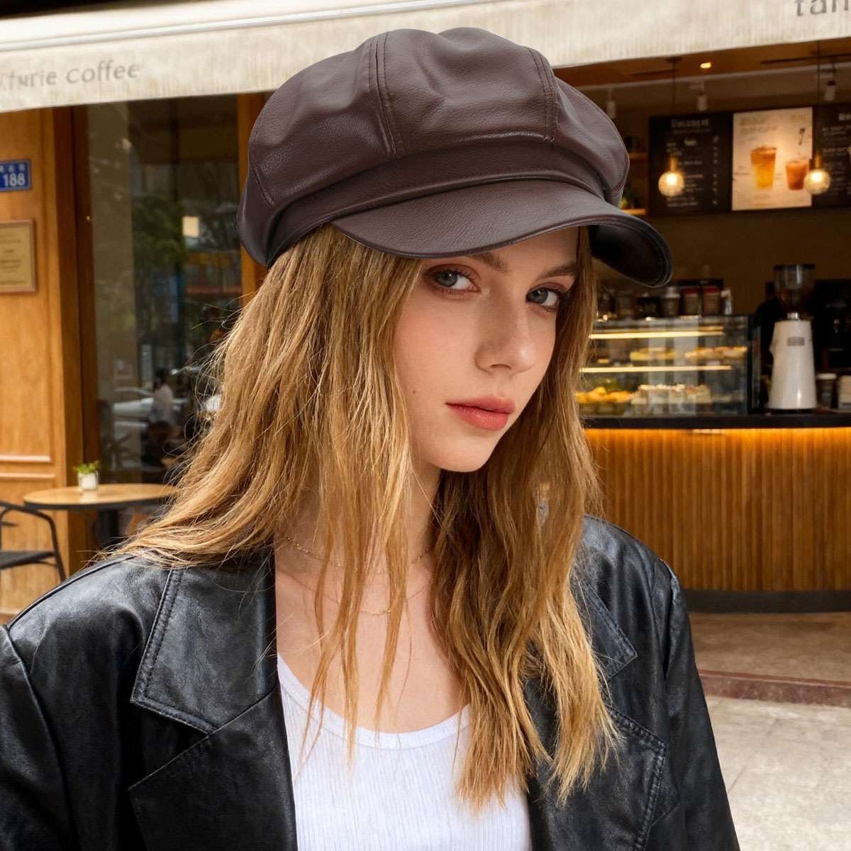 Fashion Women Men PU Leather Baker Boy Peaked Cap Newsboy Hat Visor Cap Hats NEW