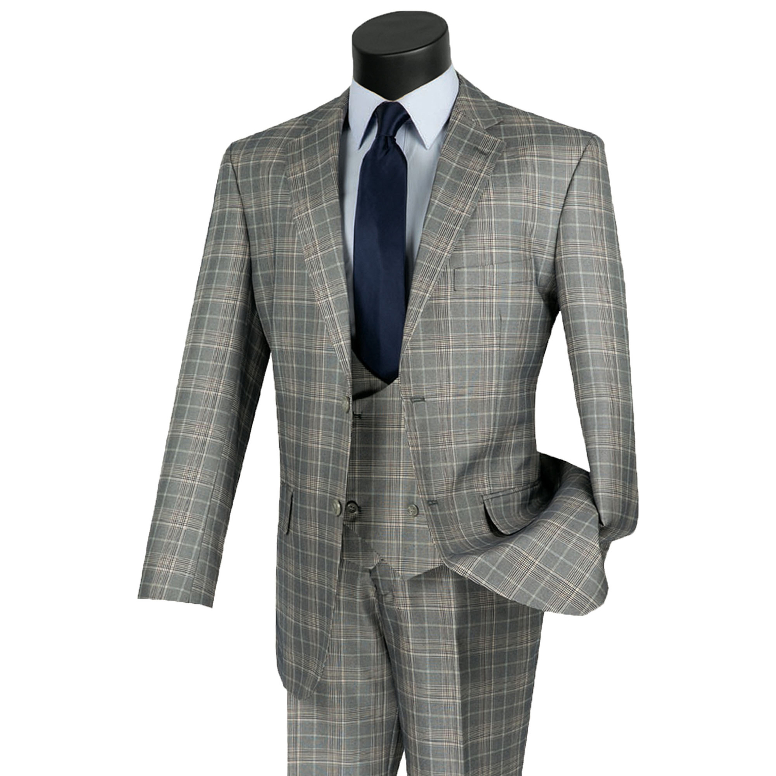 VINCI Men’s Gray Sharkskin Glen Plaid 3 Piece Suit, Reg Fit – NEW