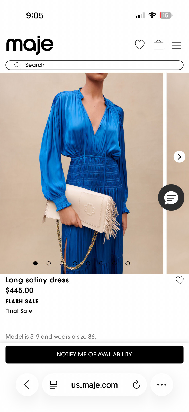 MAJE Blue Satin Rushed Midi Dress Size Small