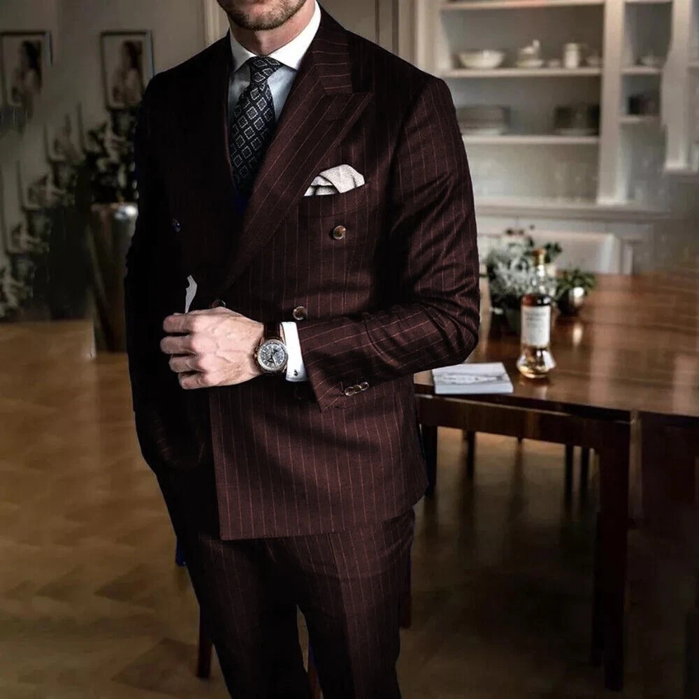 Chic Pinstripe Men’s Suits 2 Pieces Set Formal Double Breasted Peak Lapel Suit
