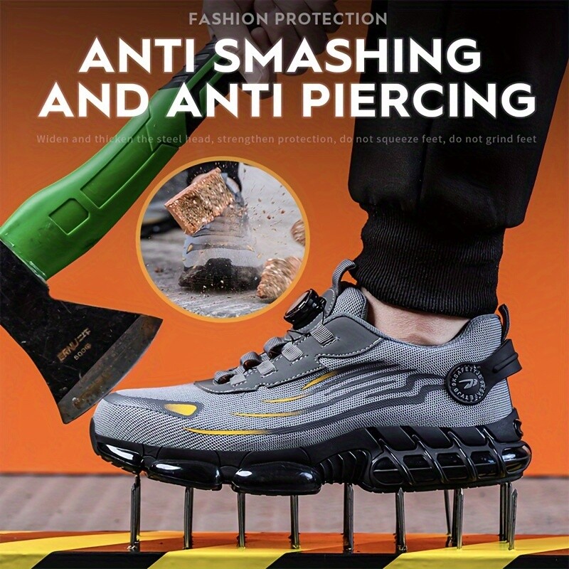 Men Safety Toe Work Shoes Rotating Buckle Breathable Non-Slip Steel Toe Sneakers