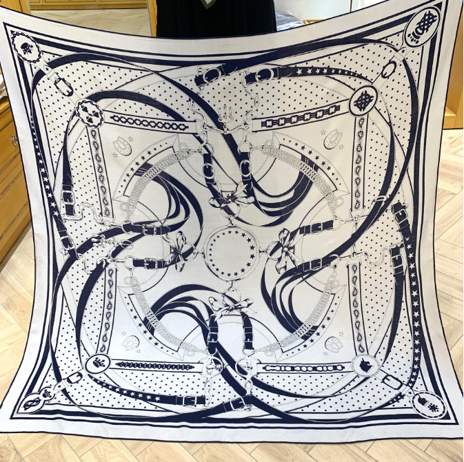 70% Cashmere 30% Silk Neckerchief ribbon Print 53” Shawl Bandana Scarf Wrap