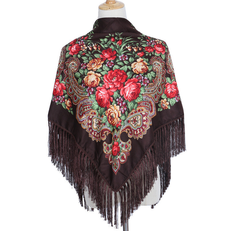 Ethnic Style Shawl Print Square Scarf Cotton Scarf Retro Tassel Shawl Women