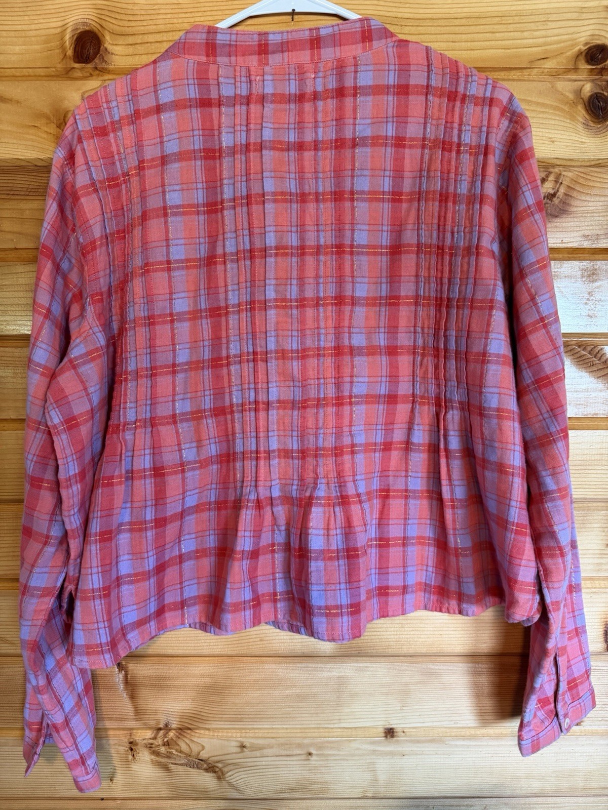 Natural Life Women’s Pink/Purple Plaid Collared Button Front Cotton Blouse M