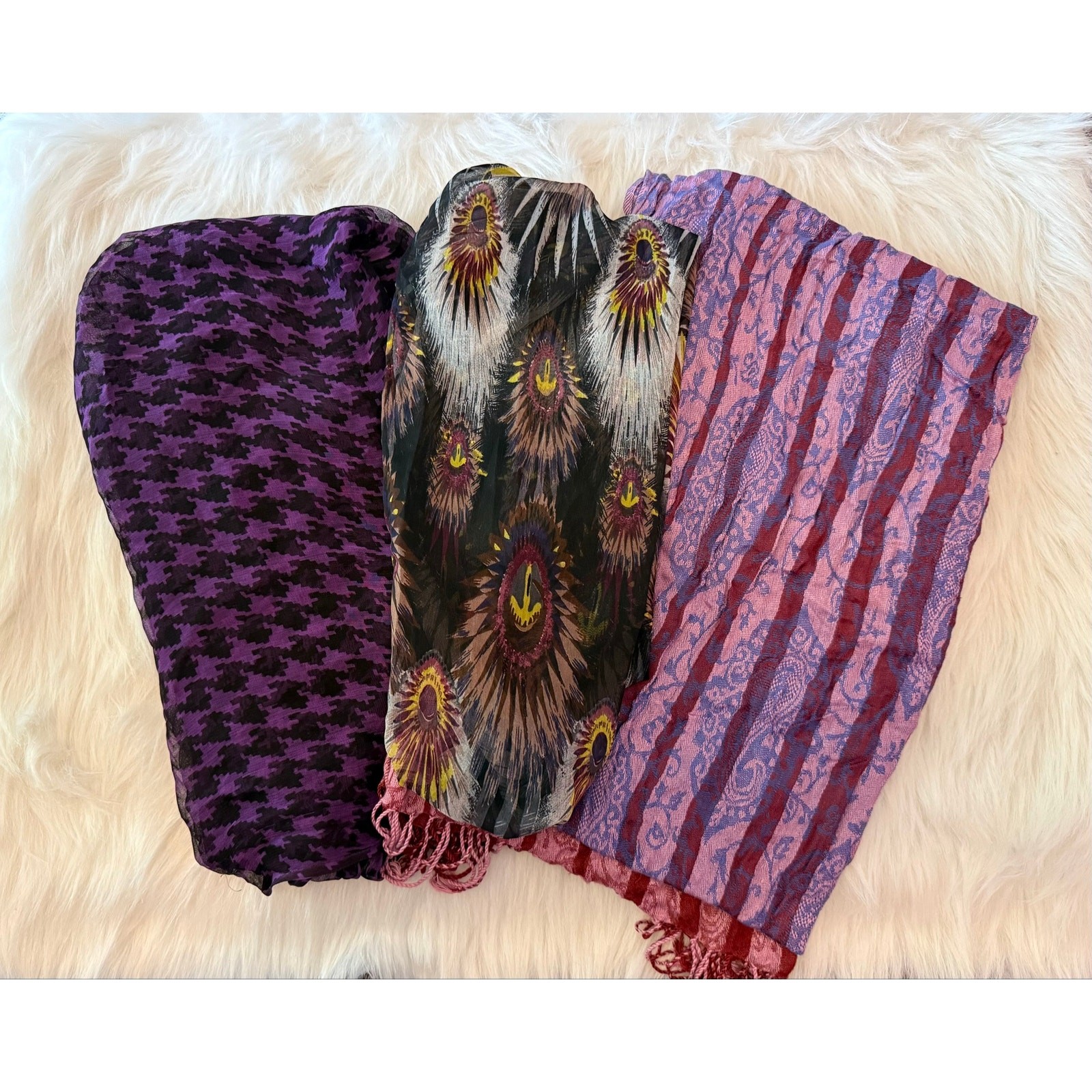 Lot of 3 Women’s Fashion Scarves Purple Houndstooth Floral Paisley Shawl Wrap